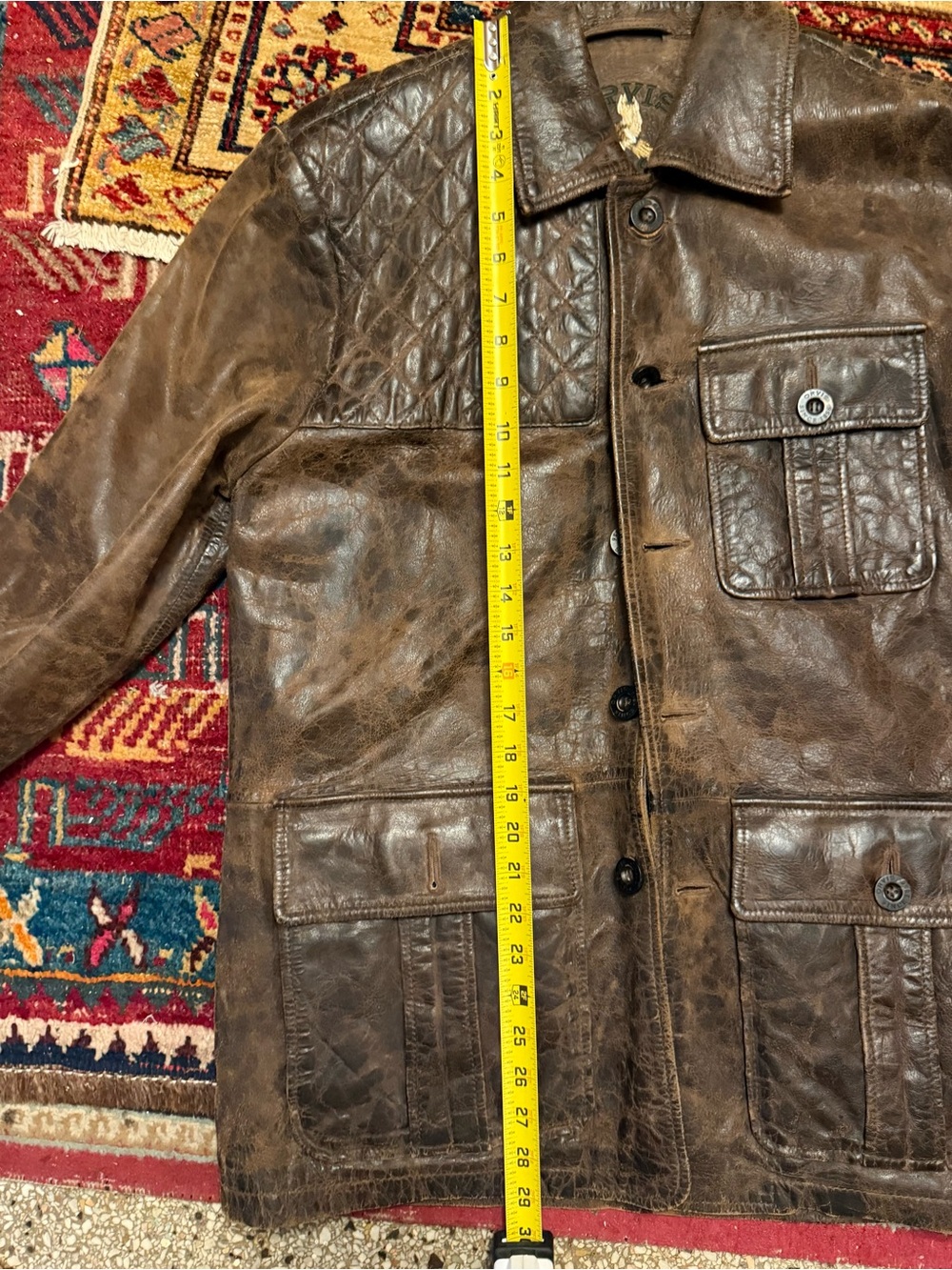 Orvis Brown Leather Pea Coat with Plaid Lining - Picture 7 of 8